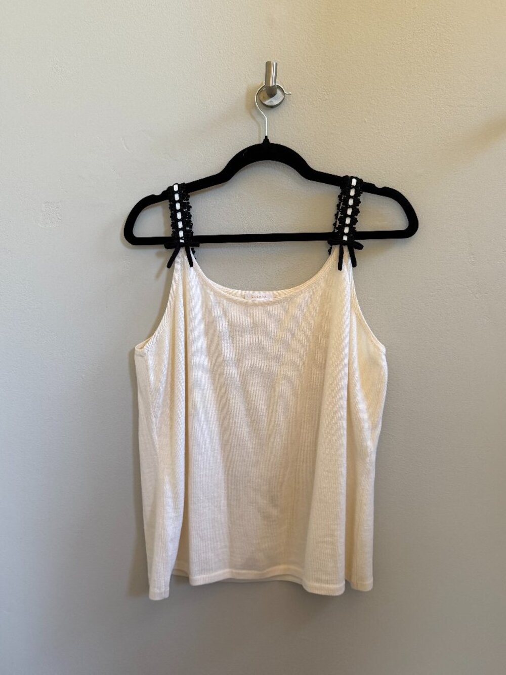 Vintage ESCADA 100% Virgin Wool Ivory Knit Tank Top Black Trim, Size 46